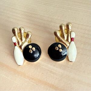 Vintage Bowling Pins & Ball Gold Tone Studded Earrings